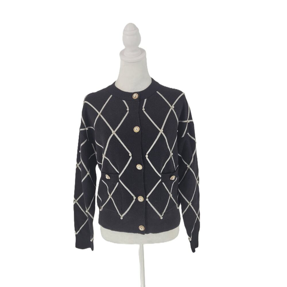 NWT Love Ever After Womens Black Diamond Knitted Cardigan Sweater Size M Preppy - Picture 2 of 10